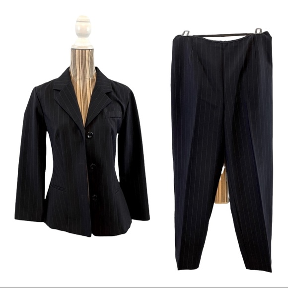 Vintage 90s pin stripe 2 pc suit set jacket & pants size 7 navy white pinstripes - Picture 1 of 16
